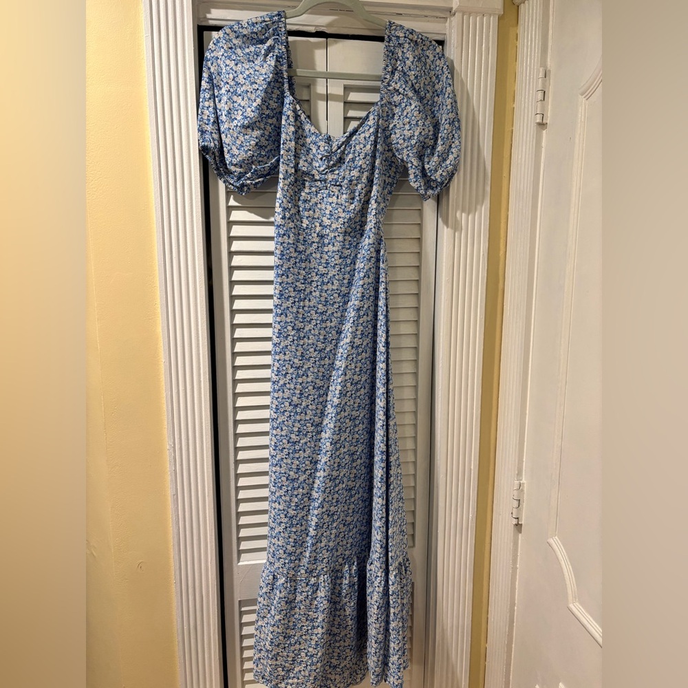 Floral Blue Puff Sleeve Maxi Dress